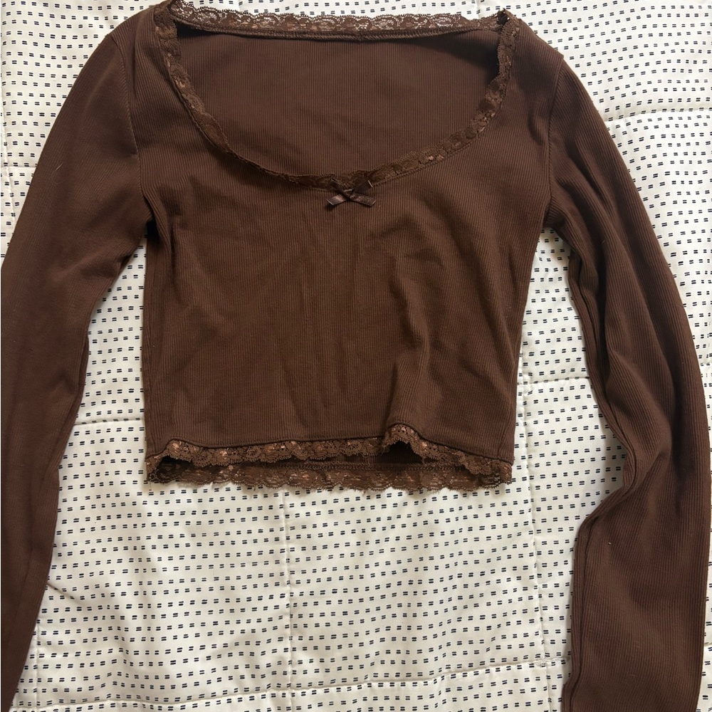 Forever 21 Chocolate Brown Ribbed Lace-Trim Long Sleeve Crop Top